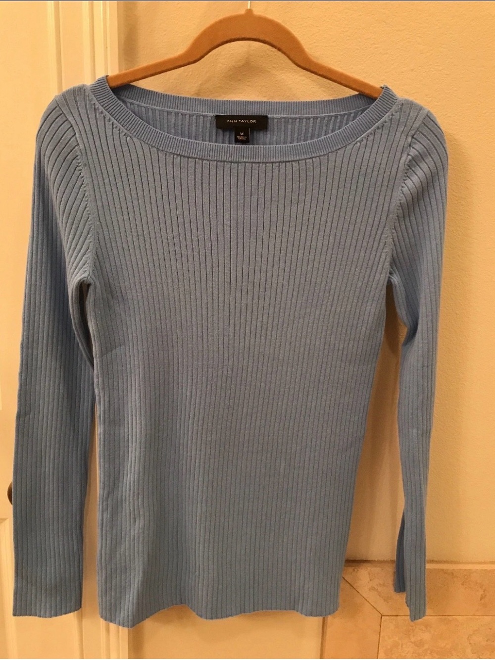 Ann Taylor Sky Blue Ribbed Boat-Neck Long Sleeve Top